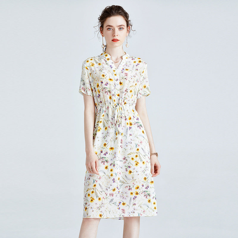 Summer Floral Silk Dress V-neck Short-sleeved Loose Waist Slit Dress