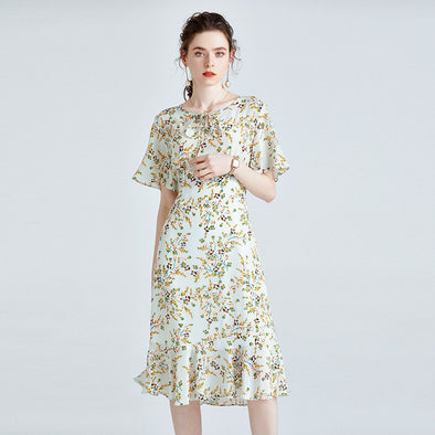 Silk High-end Printed Dress Short-sleeved French Waist Slim Mid-length Dress