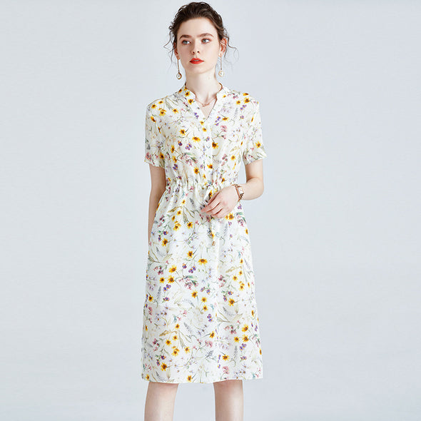Summer Floral Silk Dress V-neck Short-sleeved Loose Waist Slit Dress