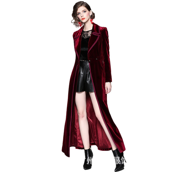 Womens Long Trench Coat Velvet Knee-Length Blended Hem Overcoat