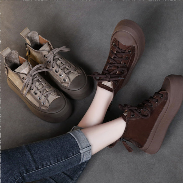 Retro Handmade Genuine Leather Lace Up Soft Sole Women's Boots Flat High Top Casual Shoes