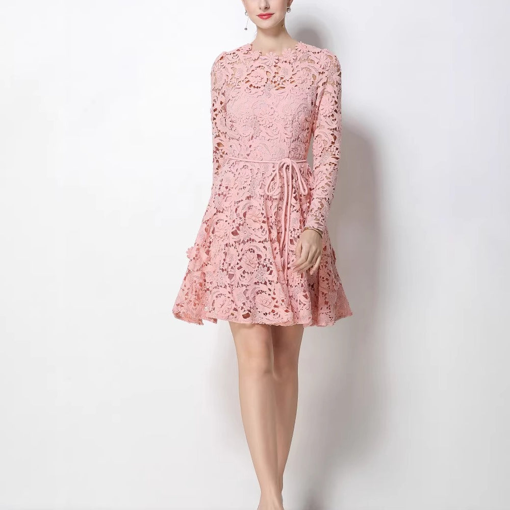 French Riviera Floral Guipure Lace Womens Long Sleeve Mini Dress