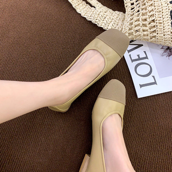 Square Toe Soft Sole Thick Heel Women's Shoes Color Matching Shallow Mouth Flat Shoes