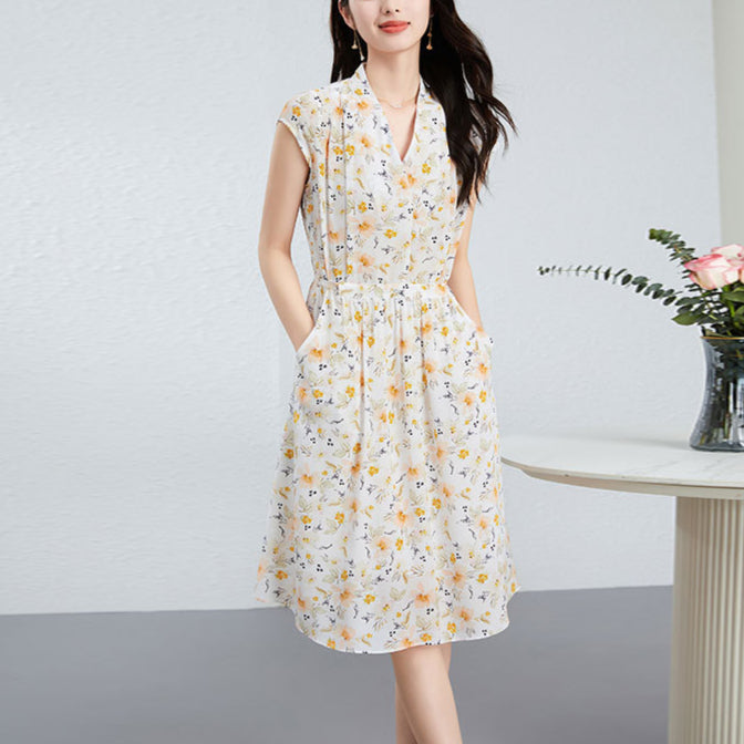 Silk Floral Midi Dress with V-Neck and Tie Waist