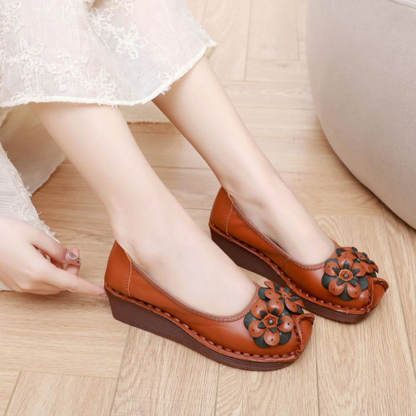 Genuine Leather Wedge Loafers Floral Design Slip-Resistant Soft Sole Shoes for Moms