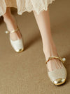 Low-Heel Mary Jane Shoes with Rhinestone Accent and Pearl Strap