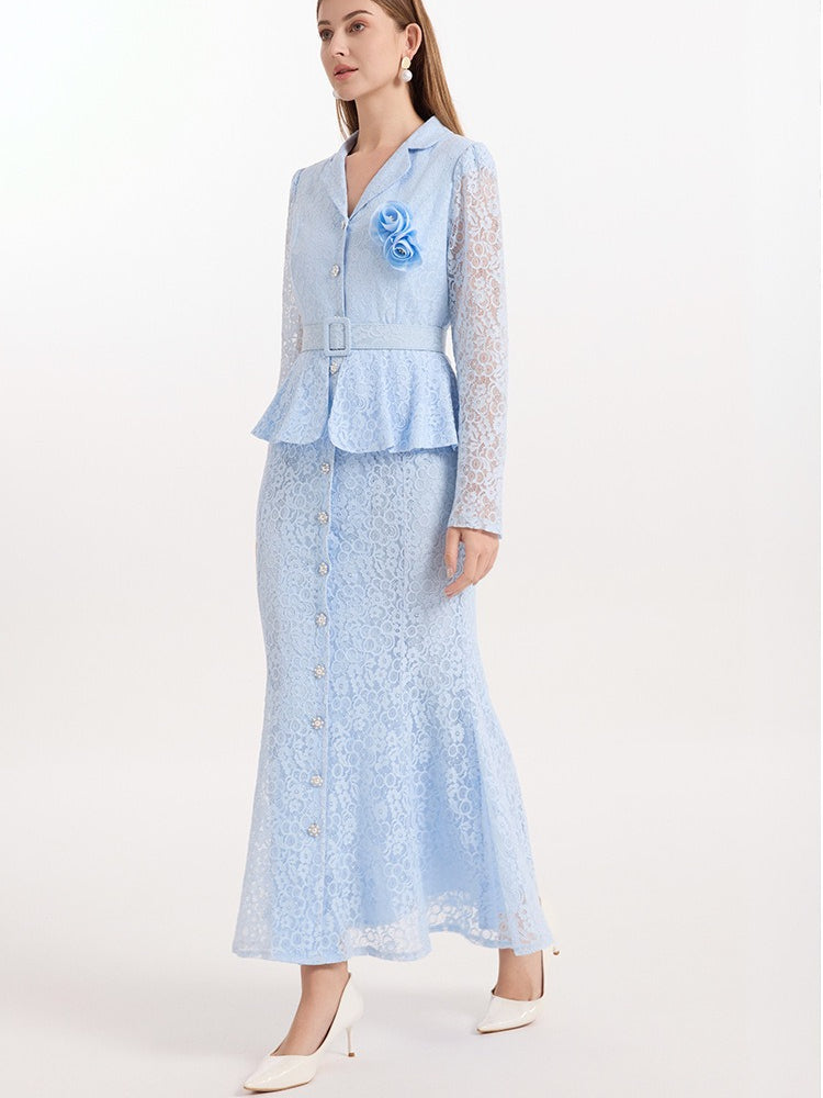 French Riviera Lace Womens Long Sleeve Peplum Mermaid Maxi Dress