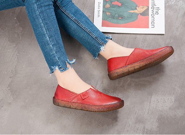Women's Leather Round Toe Handmade Casual Shoes Retro Flat Shoes