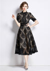 Spring French Lace Panel Round Neck Midi Dress with Flared Hem