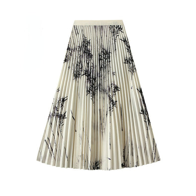 Printed Pleated Skirt Women's High Waist Slimming Mid-length Skirt