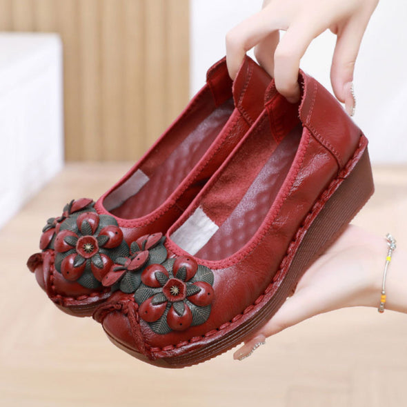 Genuine Leather Wedge Loafers Floral Design Slip-Resistant Soft Sole Shoes for Moms