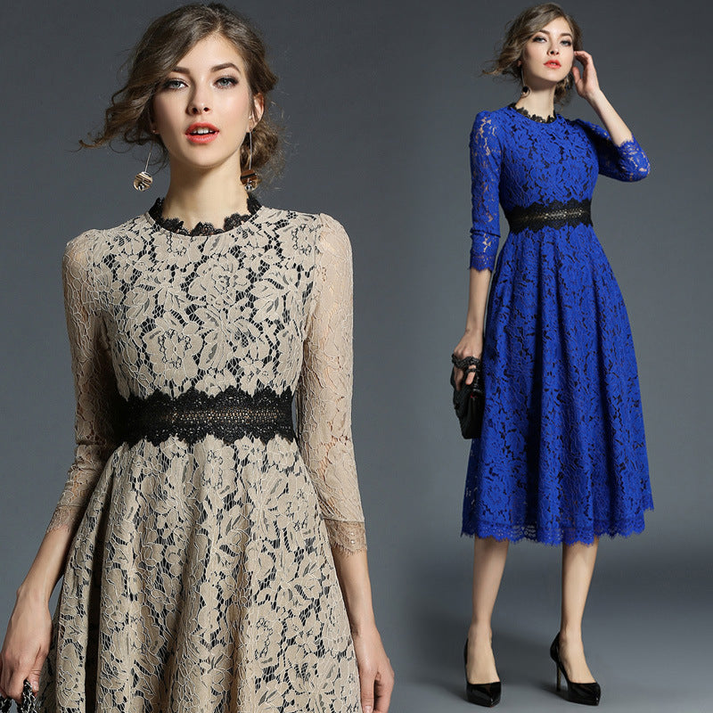Elegant Lace Hollow Out Midi Dress with 3/4 Sleeves for Spring