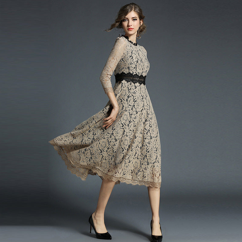 Elegant Lace Hollow Out Midi Dress with 3/4 Sleeves for Spring