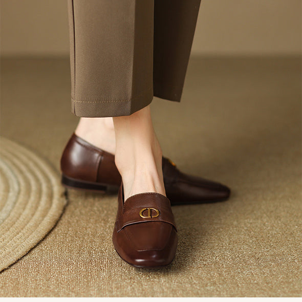 Daily Wear Womens Shoes Leather Loafers with Metal Buckle