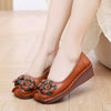 Genuine Leather Wedge Loafers Floral Design Slip-Resistant Soft Sole Shoes for Moms