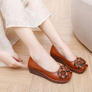 Floral Embossed Leather Slip-Ons Comfort Arch Support Wedge Heels