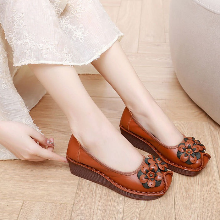 Floral Embossed Leather Slip-Ons Comfort Arch Support Wedge Heels