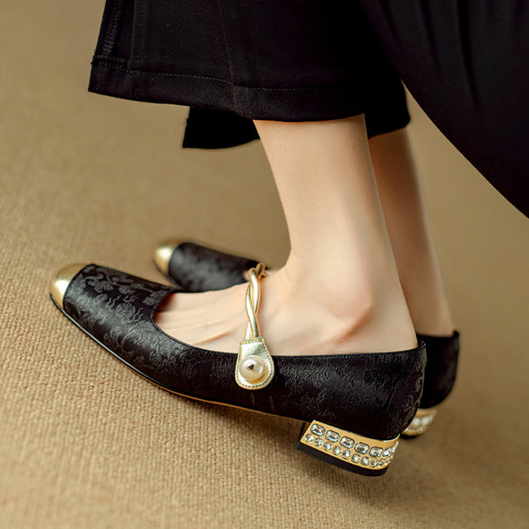 Low-Heel Mary Jane Shoes with Rhinestone Accent and Pearl Strap