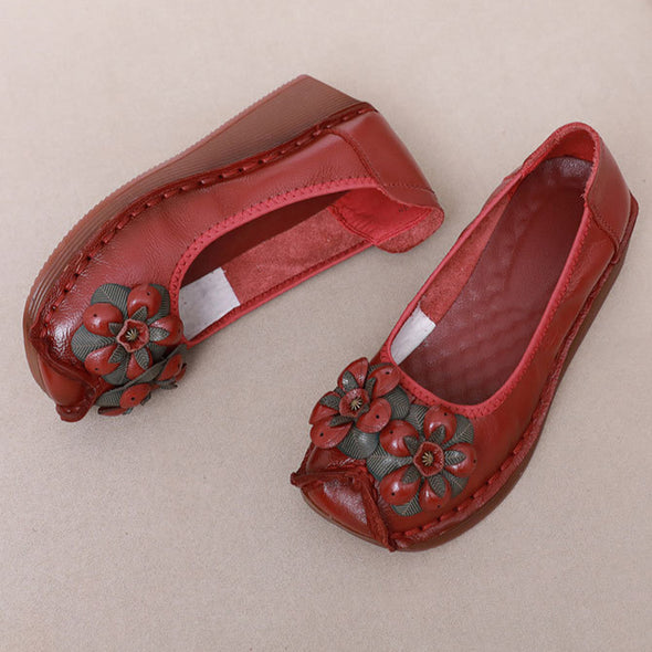 Genuine Leather Wedge Loafers Floral Design Slip-Resistant Soft Sole Shoes for Moms