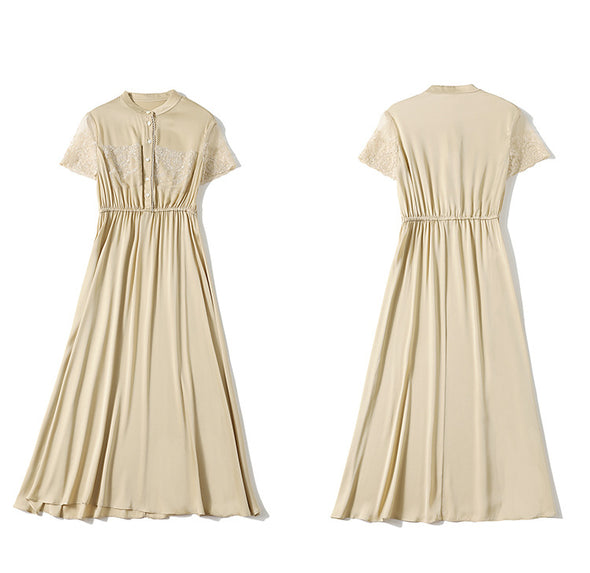 Silk Waist Lace Dress Stand Collar Short Sleeve Mid Length Dress