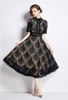 Spring French Lace Panel Round Neck Midi Dress with Flared Hem