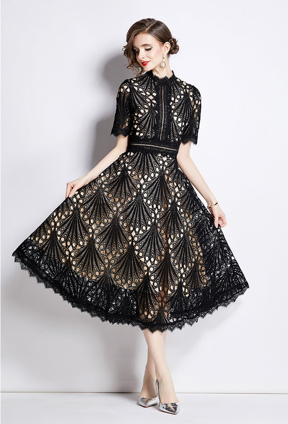 Spring French Lace Panel Round Neck Midi Dress with Flared Hem