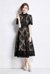 Spring French Lace Panel Round Neck Midi Dress with Flared Hem