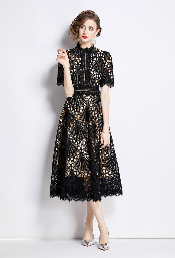 Spring French Lace Panel Round Neck Midi Dress with Flared Hem
