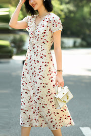 Women Summer Petite Floral Silk V-Neck Dress with Bow Accent A-Line