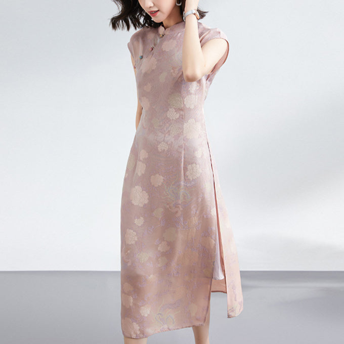 Summer Modern Cheongsam Floral Jacquard Dress with Detachable Slip Short Sleeves