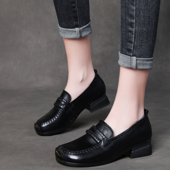 Retro Leather Chunky Heel Loafers Over Feet Soft Sole Handmade Women's Shoes