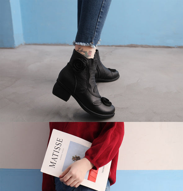 Autumn and Winter Chunky Heel Leather Martin Boots Hand-stitched Flower Ankle Boots