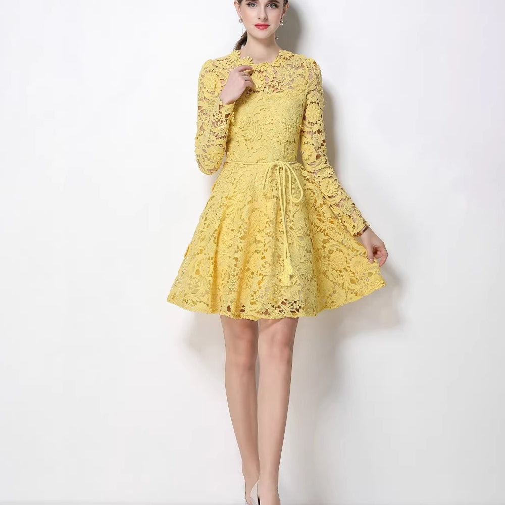 French Riviera Floral Guipure Lace Womens Long Sleeve Mini Dress