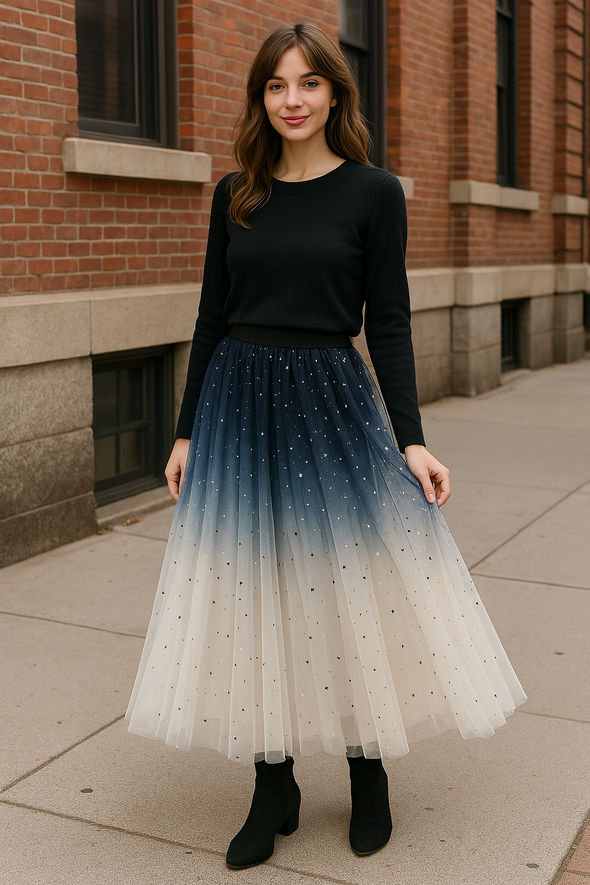 Starry Mesh Tulle Skirt with Gradient Layers and Elastic Waist