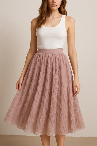 High Waist Pleated Puff Midi Skirt in Gauze Yarn