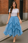 Irregular Mesh Skirt Mid-length High Waist Skirt with Ruffle Trim