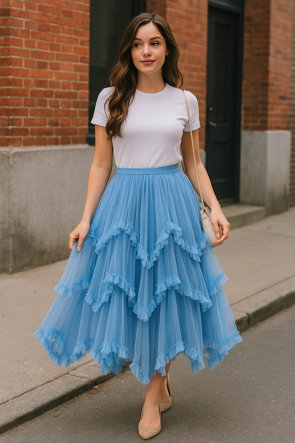 Irregular Mesh Skirt Mid-length High Waist Skirt with Ruffle Trim