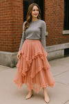 Irregular Mesh Skirt Mid-length High Waist Skirt with Ruffle Trim
