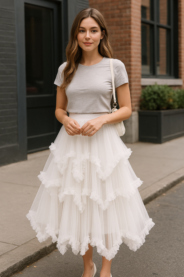 Irregular Mesh Skirt Mid-length High Waist Skirt with Ruffle Trim