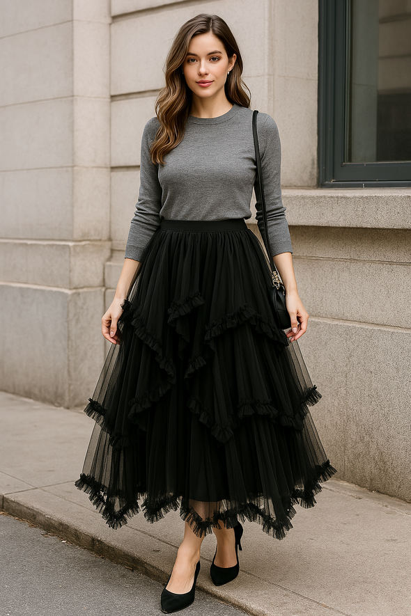Irregular Mesh Skirt Mid-length High Waist Skirt with Ruffle Trim
