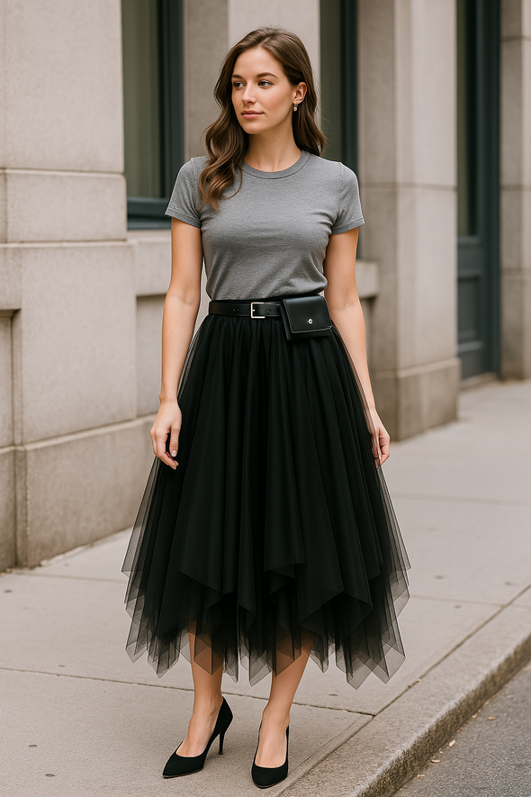 Layered Irregular Tulle Maxi Skirt with Elastic Waist
