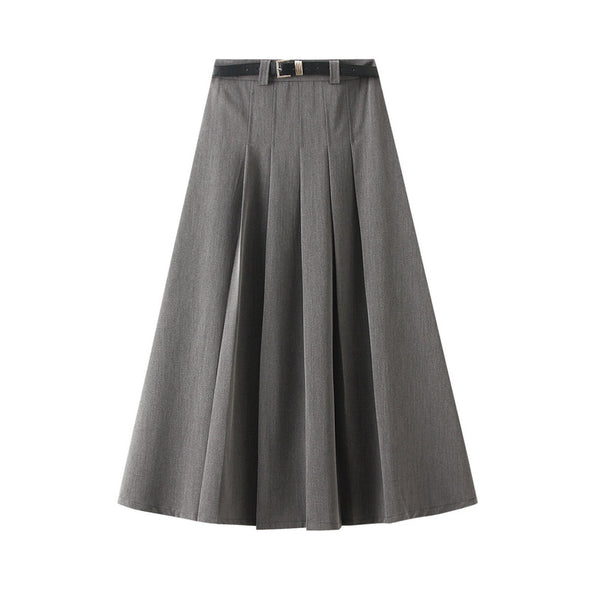 High-waisted Slimming Casual Pleated Skirt Mid-length Skirt with Belt