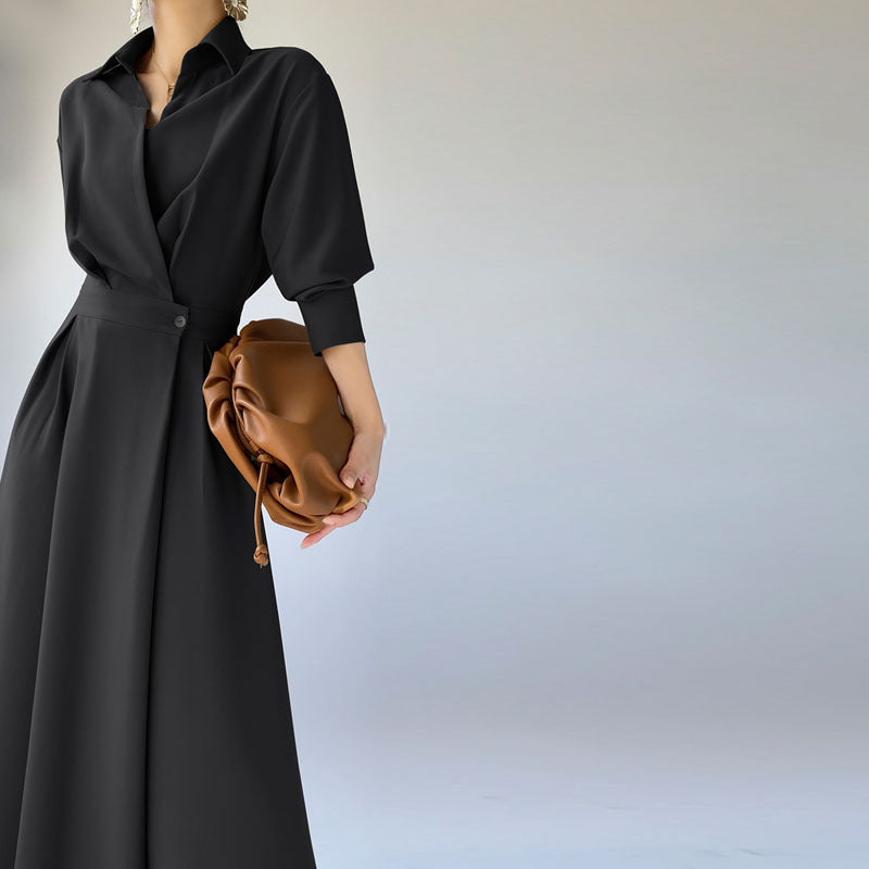 French-Style Olive Green Modal Midi Dress with Belted Waist Chest Pockets