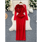 Red Crystal Flower Mesh Maxi Dress Long Sleeve Formal Evening Gown