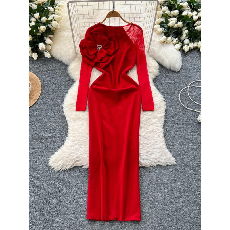 Red Crystal Flower Mesh Maxi Dress Long Sleeve Formal Evening Gown