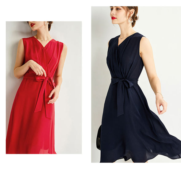 Summer French Silk V-neck Sleeveless Waist Dress