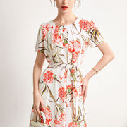Summer Wide Silk Printed Dress Loose Belted Real Dress