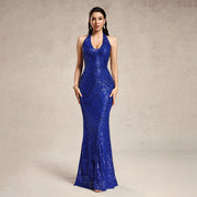 Evening Party Royal Blue Sequin Halter Neck Mermaid Gown