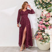 Autumn Women's Long Sleeve Double V-Neck High Slit Lace Evening Dress