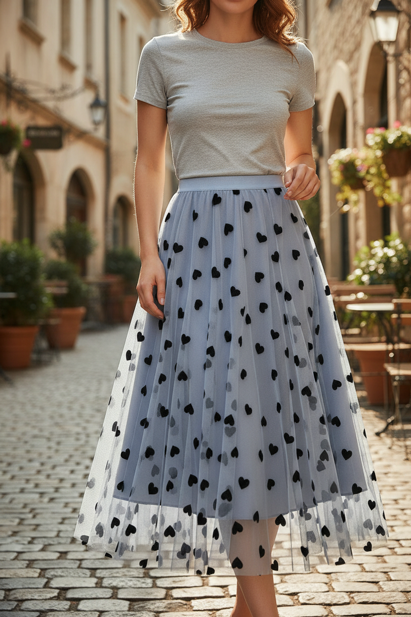 French Retro High Waist Mid Length Mesh Skirt